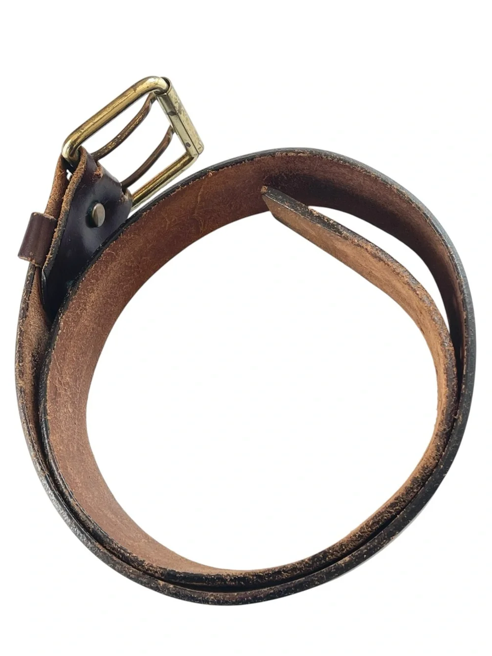 Vintage Brown Leather Double-Prong Belt Wide Waist Boho 90s Size S/M
